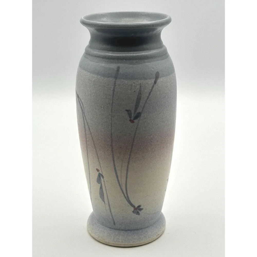 Westlin Signed Studio Pottery Vase Blue Mauve Floral Hand Painted Ceramic Decor